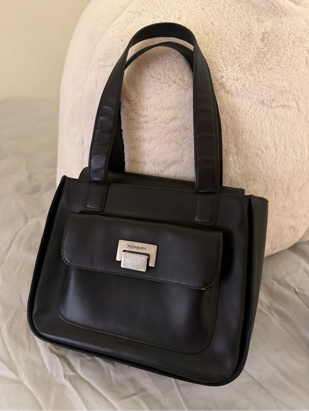 Yves Saint Laurent Black Leather Shoulder Tote with Front Flap
